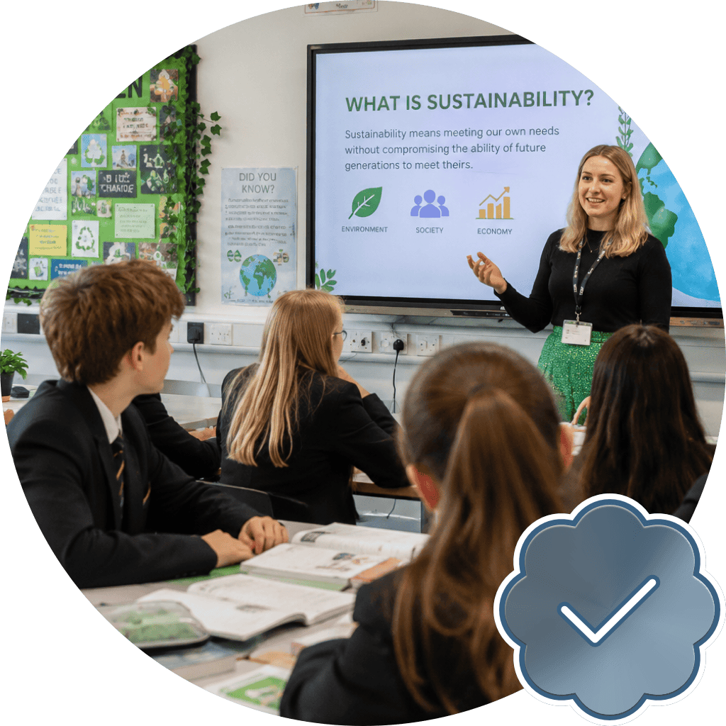Teacher presenting sustainability to students in a UK school classroom