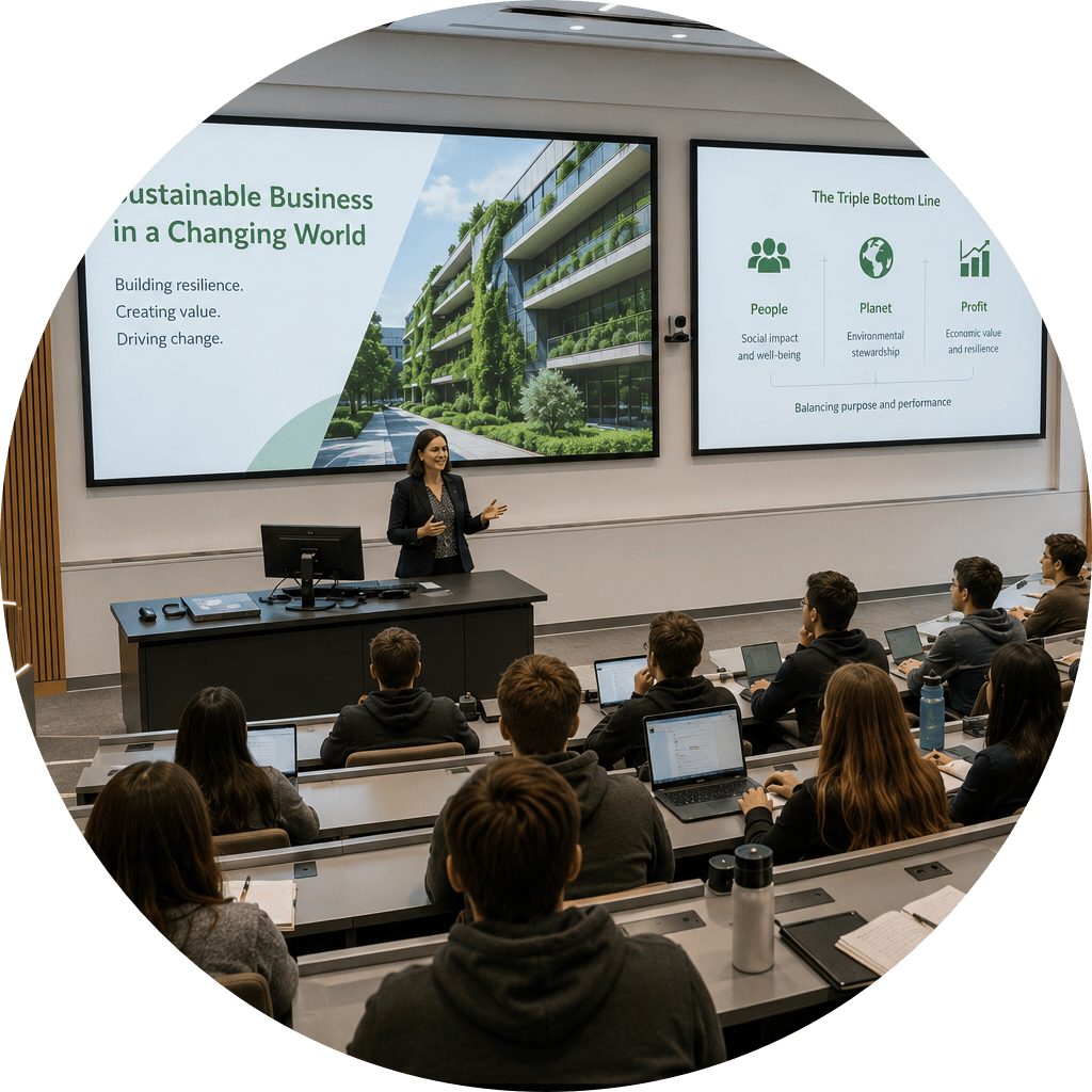 Lecturer teaching sustainable business to university students